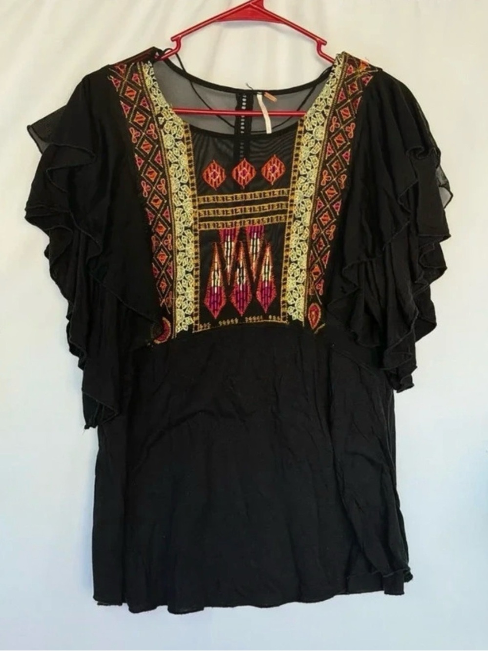 Free People Black Tunic with Multicolor Embroidered Yoke